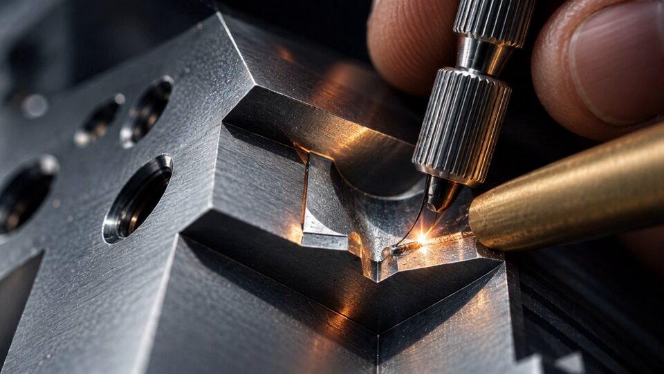 Makroansicht eines feinen Schweißpunkts an einem Stahlbauteil, mit Handstück und Zusatzwerkstoff.